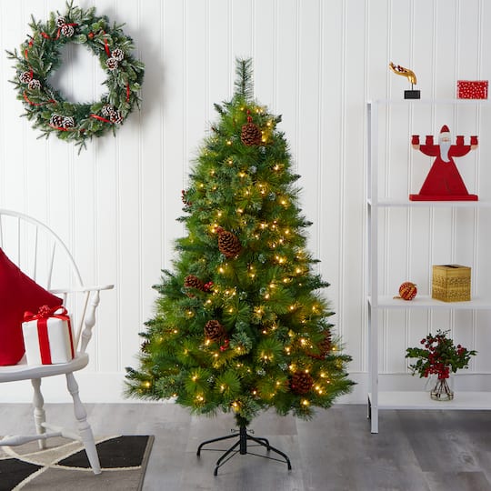 5ft. Pre-Lit Montana Mixed Pine, Pinecones & Berries Artificial Christmas Tree with Clear LED Lights
